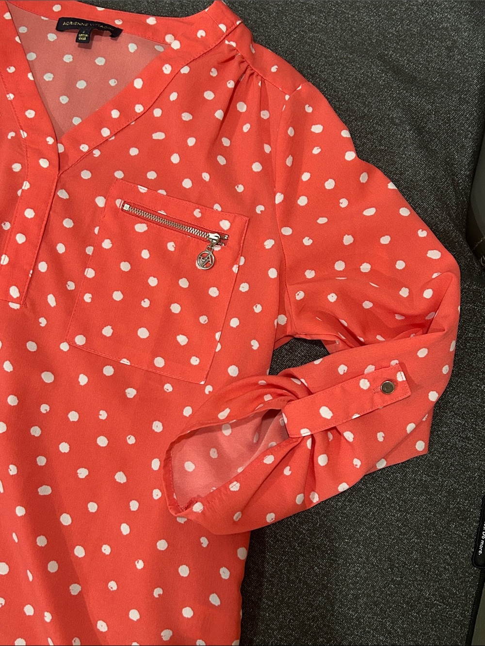 Adrienne Vittadini Coral White Polka Dot Zip-Pocket V-Neck Blouse - Picture 4 of 5